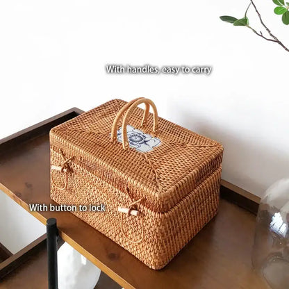 Natural tan handwoven rattan storage box with ceramic lid kitchen case