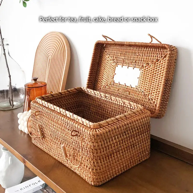 Natural tan handwoven rattan storage box with ceramic lid kitchen case