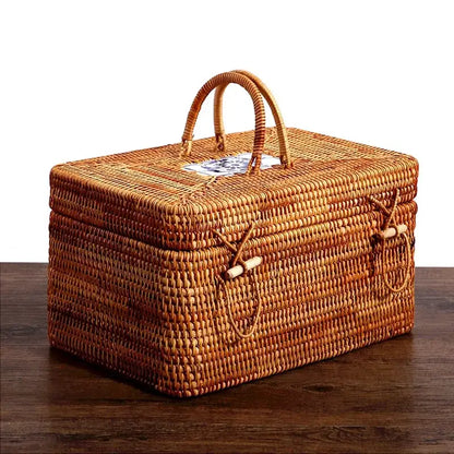 Natural tan handwoven rattan storage box with ceramic lid kitchen case