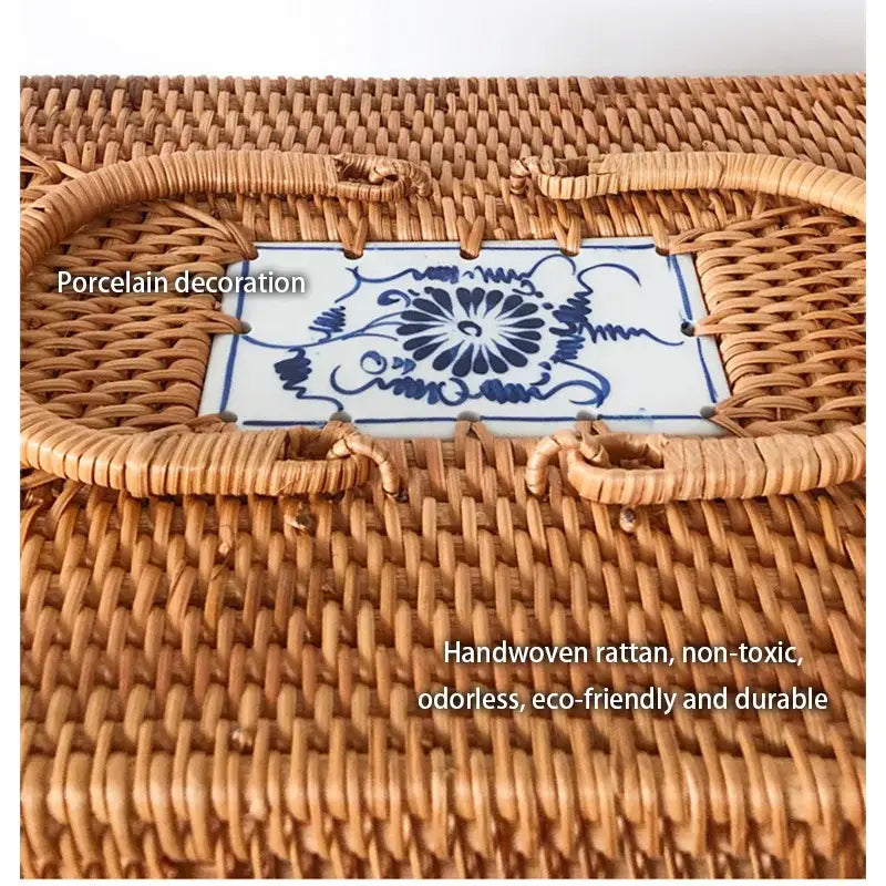 Natural tan handwoven rattan storage box with ceramic lid kitchen case