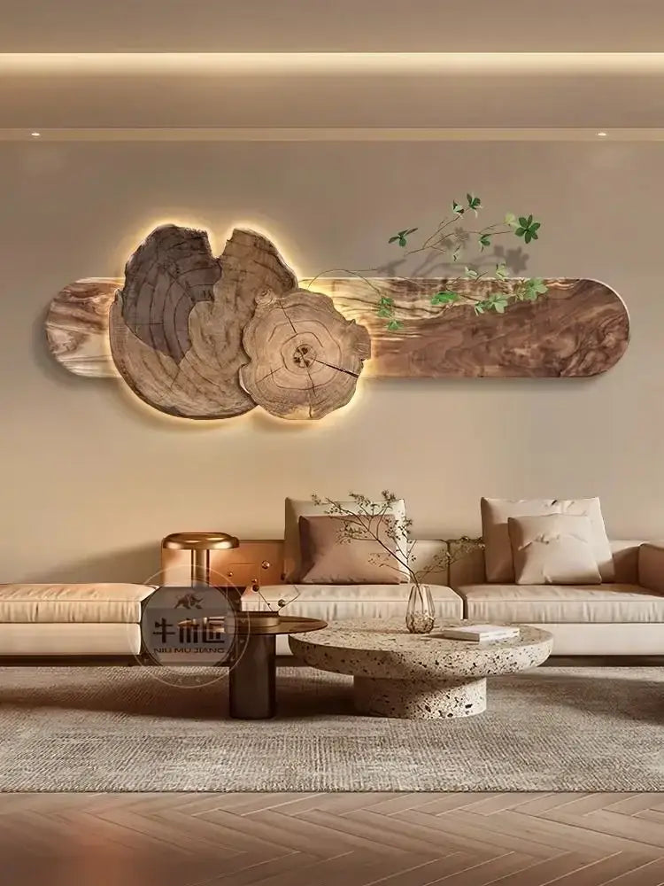 Natural wood backlit tree wall lamp painting bedroom decor