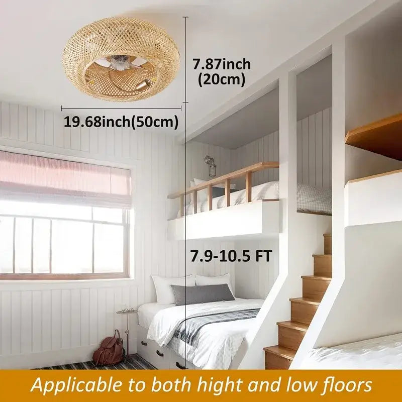 Natural woven bamboo ceiling fan with rattan cage light bedroom