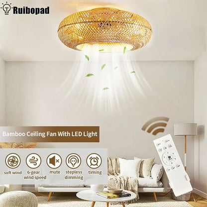 Natural woven bamboo ceiling fan with rattan cage light bedroom
