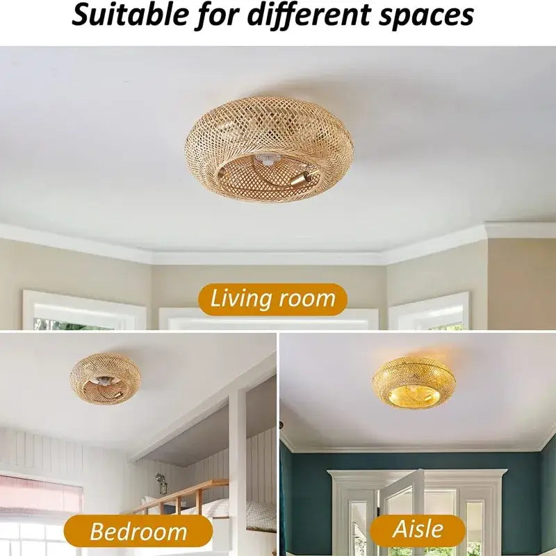Natural woven bamboo ceiling fan with rattan cage light bedroom