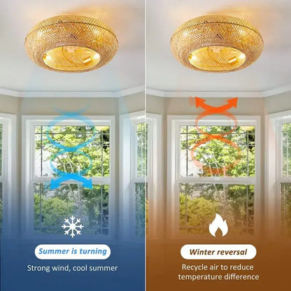 Natural woven bamboo ceiling fan with rattan cage light bedroom
