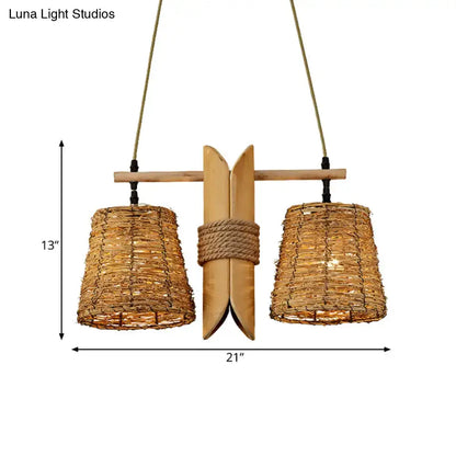 Natural woven rattan 2 light conic restaurant island ceiling light