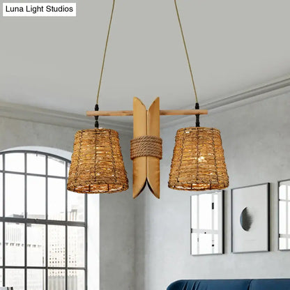 Natural woven rattan 2 light conic restaurant island ceiling light