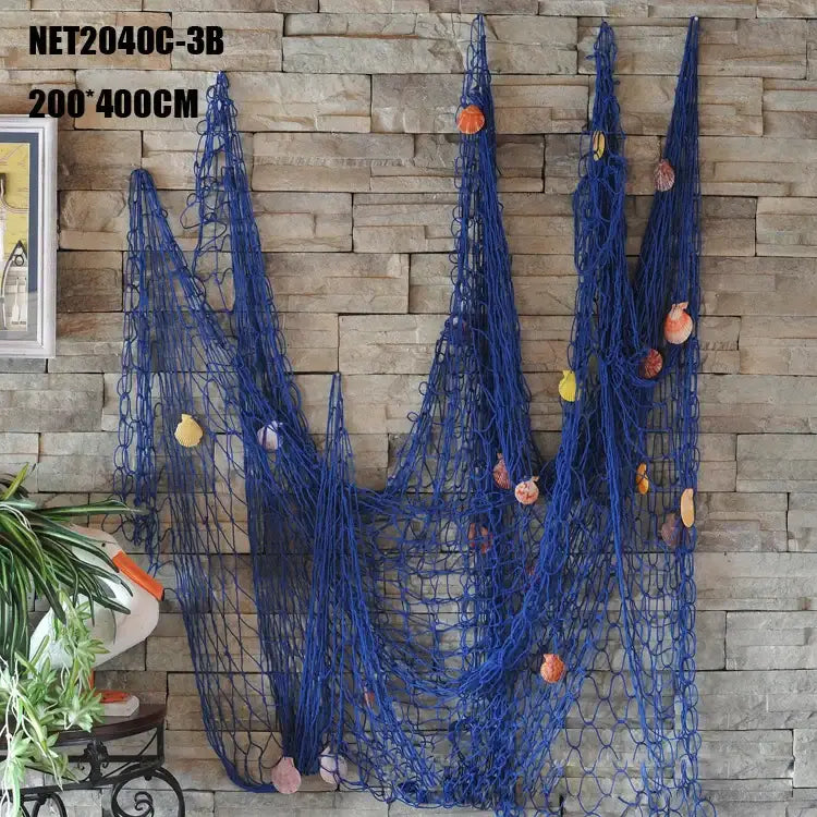 Nautical deep blue decorative fishing net with seashells bedroom decor