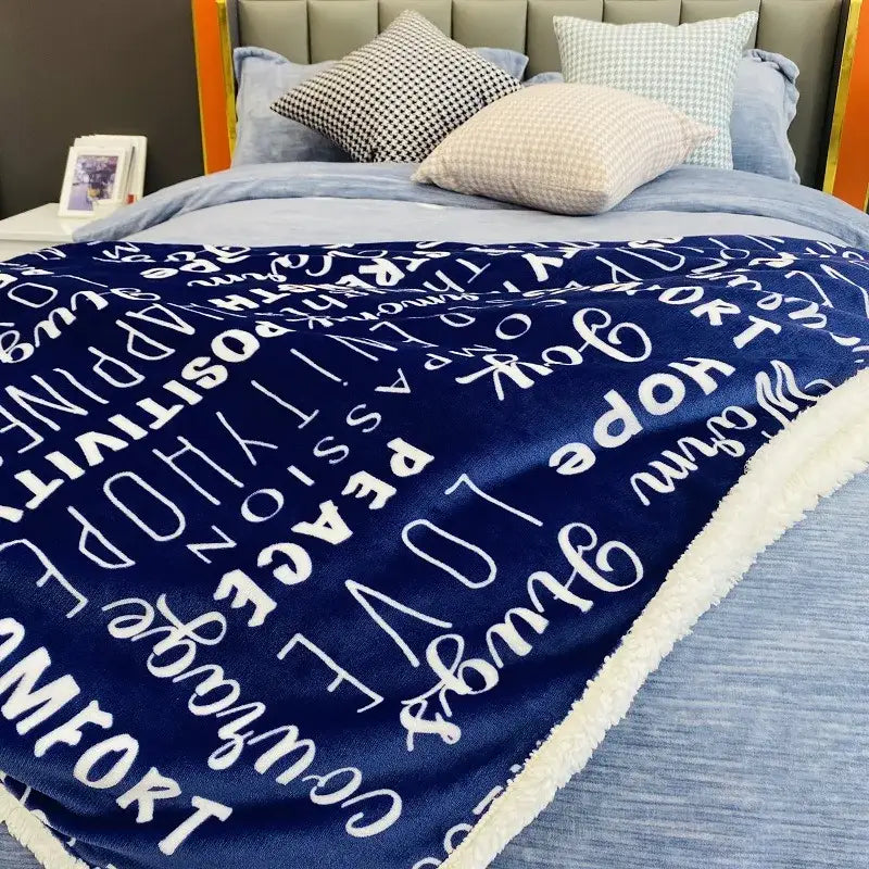 Navy and cream cozy printed flannel blanket living room