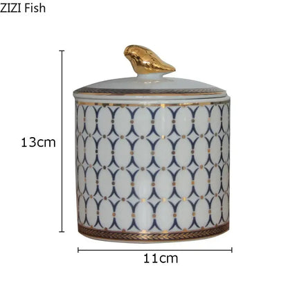 Navy and white geometric storage jar with gold plated bird bedroom decor