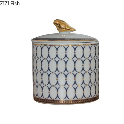 Navy and white geometric storage jar with gold plated bird bedroom decor