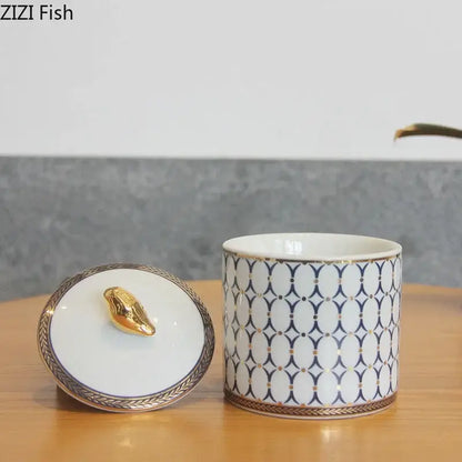 Navy and white geometric storage jar with gold plated bird bedroom decor