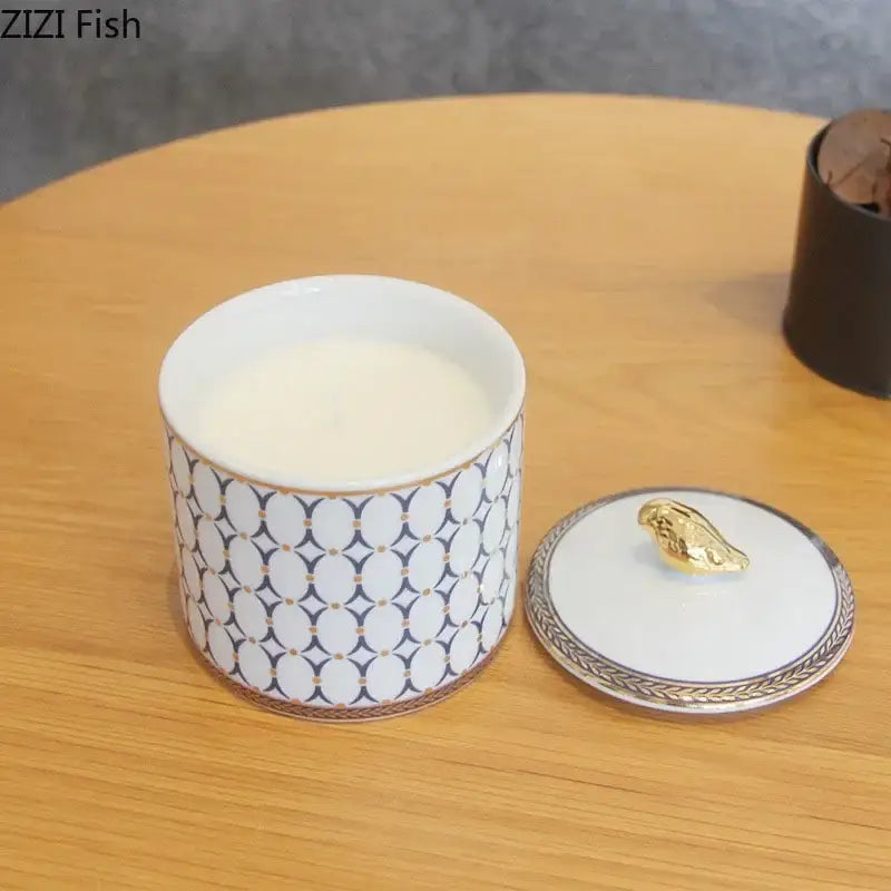 Navy and white geometric storage jar with gold plated bird bedroom decor