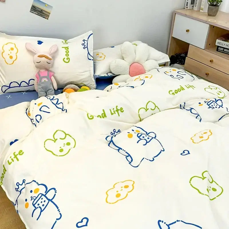 Navy blue and white daisy cartoon printed bedding set bedroom