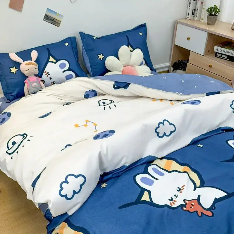 Navy blue and white daisy cartoon printed bedding set bedroom
