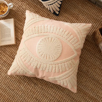 Navy & cream embroidered cotton pillow cover living room tufted decor