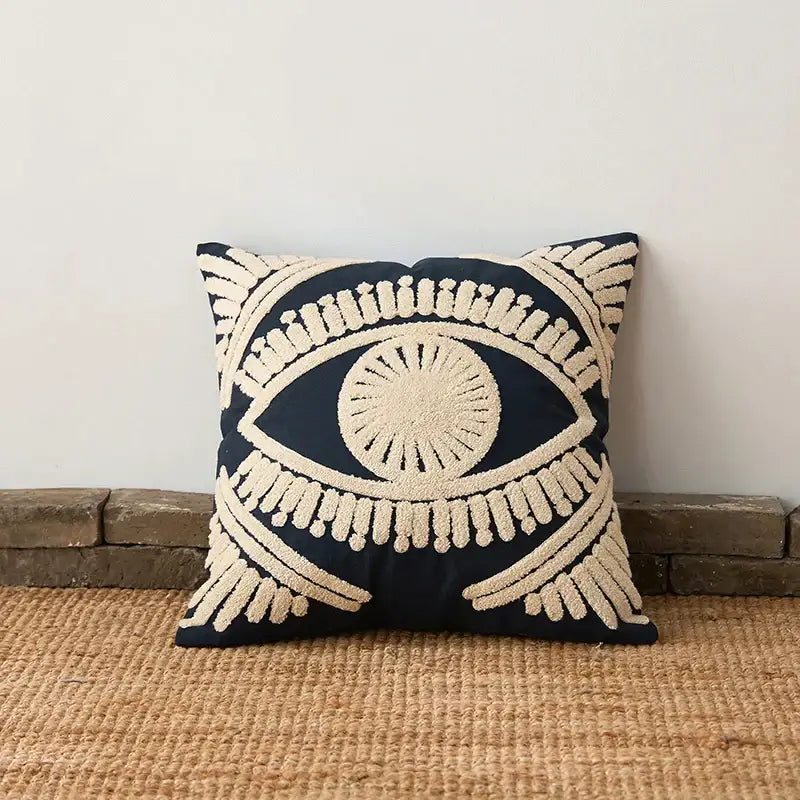 Navy & cream embroidered cotton pillow cover living room tufted decor