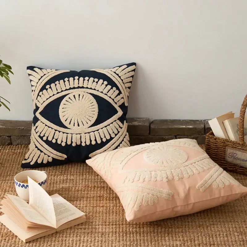 Navy & cream embroidered cotton pillow cover living room tufted decor