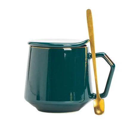 Navy & emerald ceramic mug set with gold spoons – kitchen drinkware