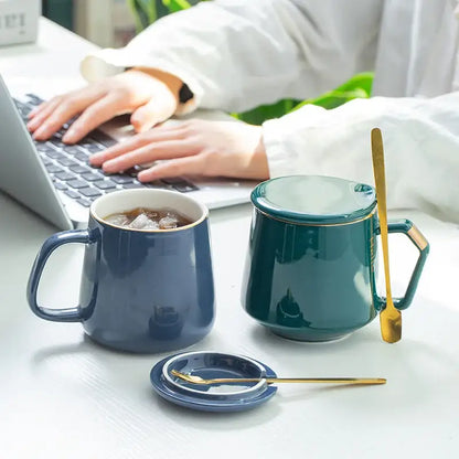 Navy & emerald ceramic mug set with gold spoons – kitchen drinkware