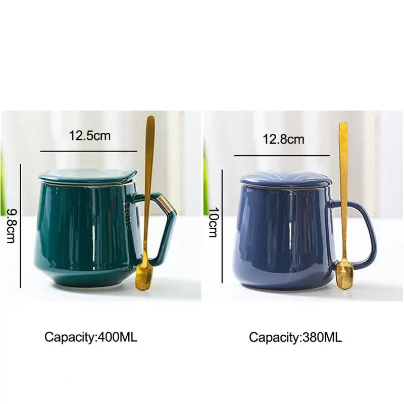 Navy & emerald ceramic mug set with gold spoons – kitchen drinkware