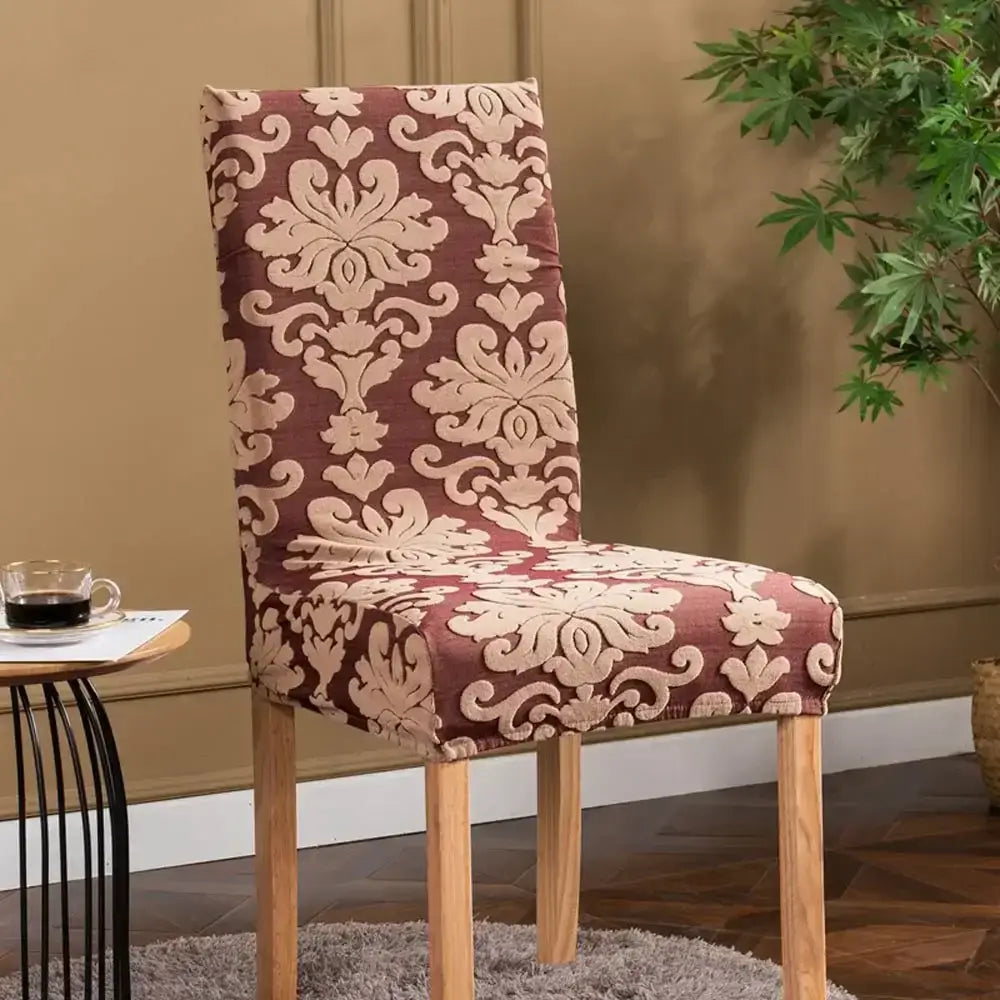 Navy & light gray damask embossed print chair covers dining room