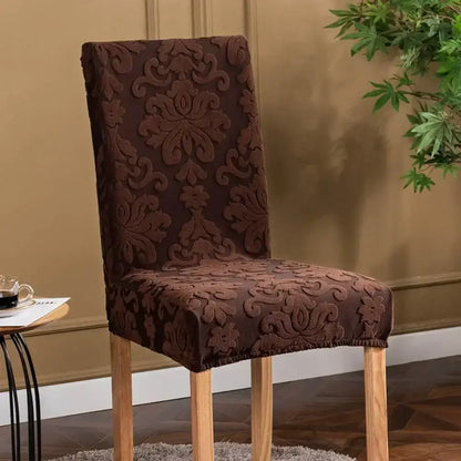 Navy & light gray damask embossed print chair covers dining room