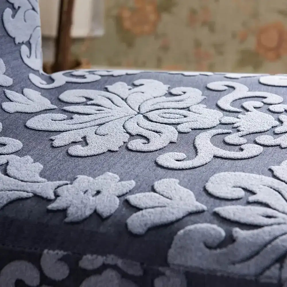 Navy & light gray damask embossed print chair covers dining room