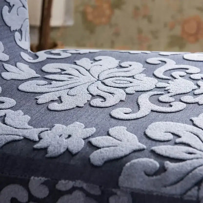 Navy & light gray damask embossed print chair covers dining room