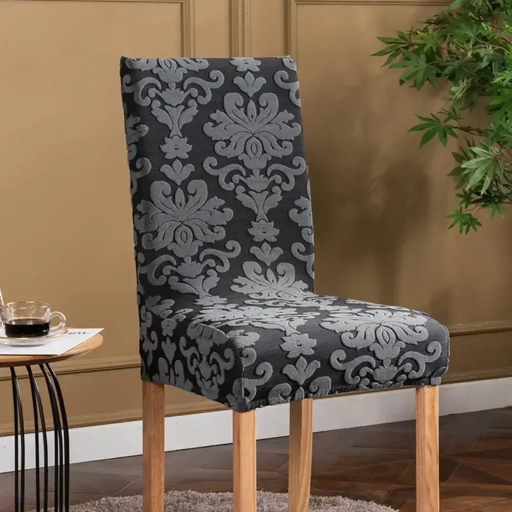 Navy & light gray damask embossed print chair covers dining room