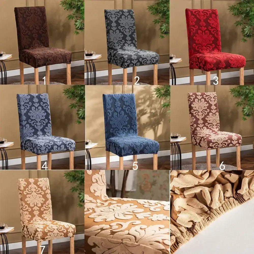 Navy & light gray damask embossed print chair covers dining room