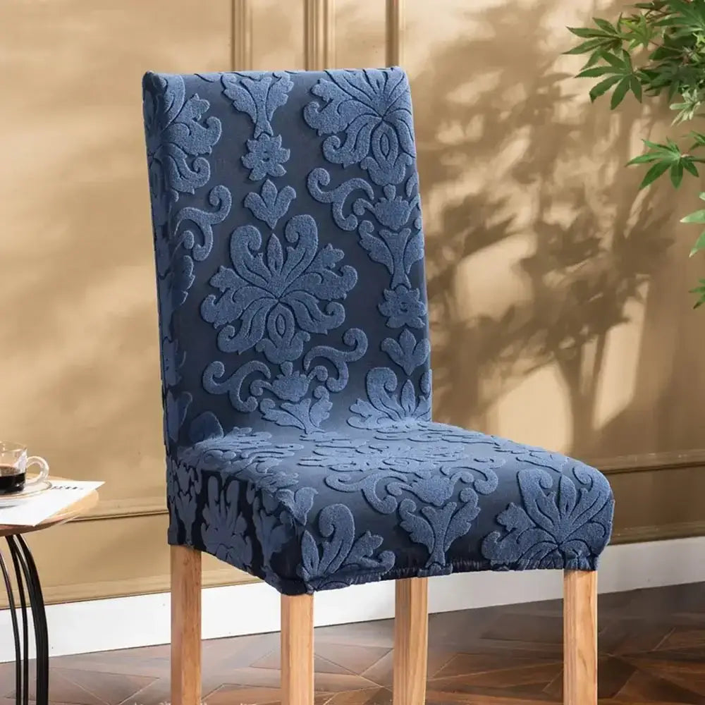 Navy & light gray damask embossed print chair covers dining room