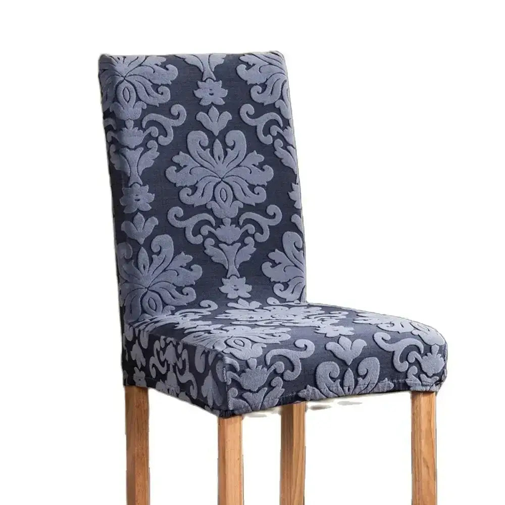 Navy & light gray damask embossed print chair covers dining room