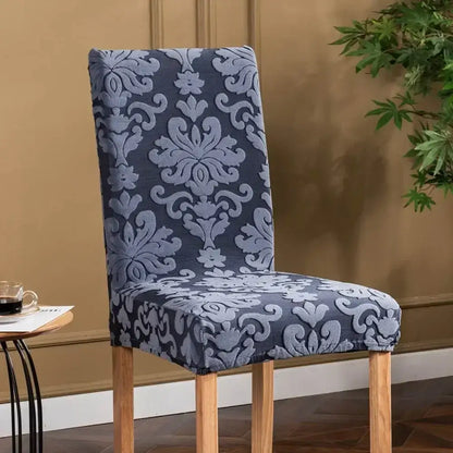Navy & light gray damask embossed print chair covers dining room