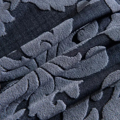 Navy & light gray damask embossed print chair covers dining room