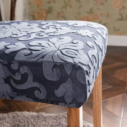 Navy & light gray damask embossed print chair covers dining room