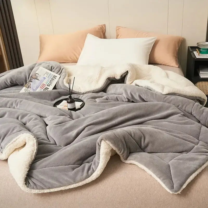 Navy & white double layer queen blanket bedroom plush sherpa comfort