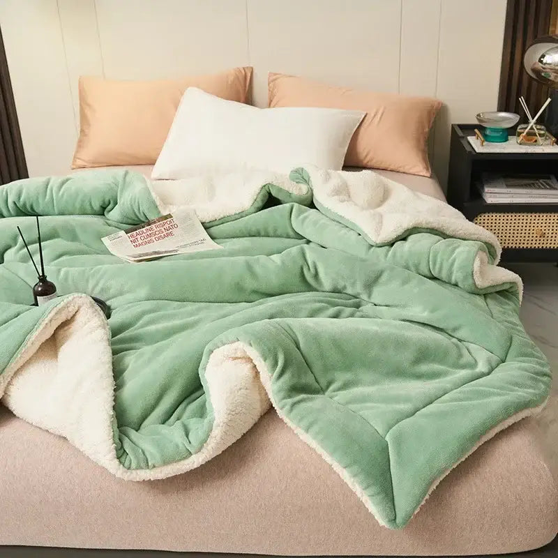Navy & white double layer queen blanket bedroom plush sherpa comfort