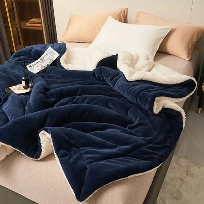 Navy & white double layer queen blanket bedroom plush sherpa comfort