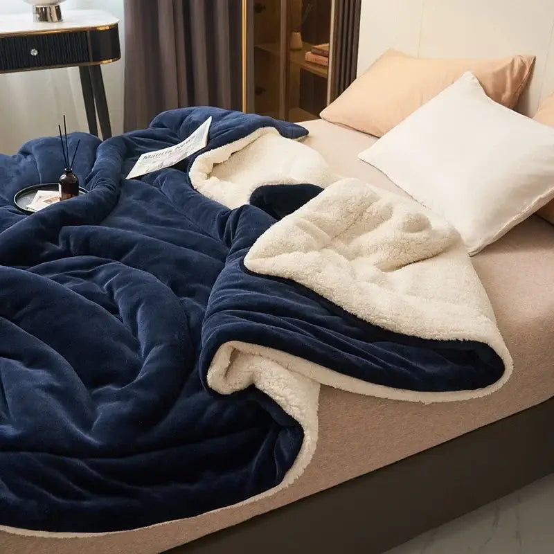Navy & white double layer queen blanket bedroom plush sherpa comfort