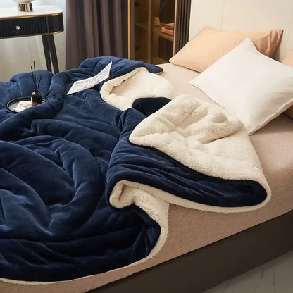 Navy & white double layer queen blanket bedroom plush sherpa comfort