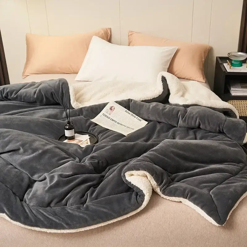 Navy & white double layer queen blanket bedroom plush sherpa comfort