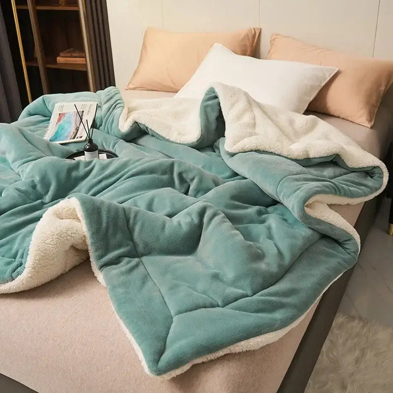 Navy & white double layer queen blanket bedroom plush sherpa comfort