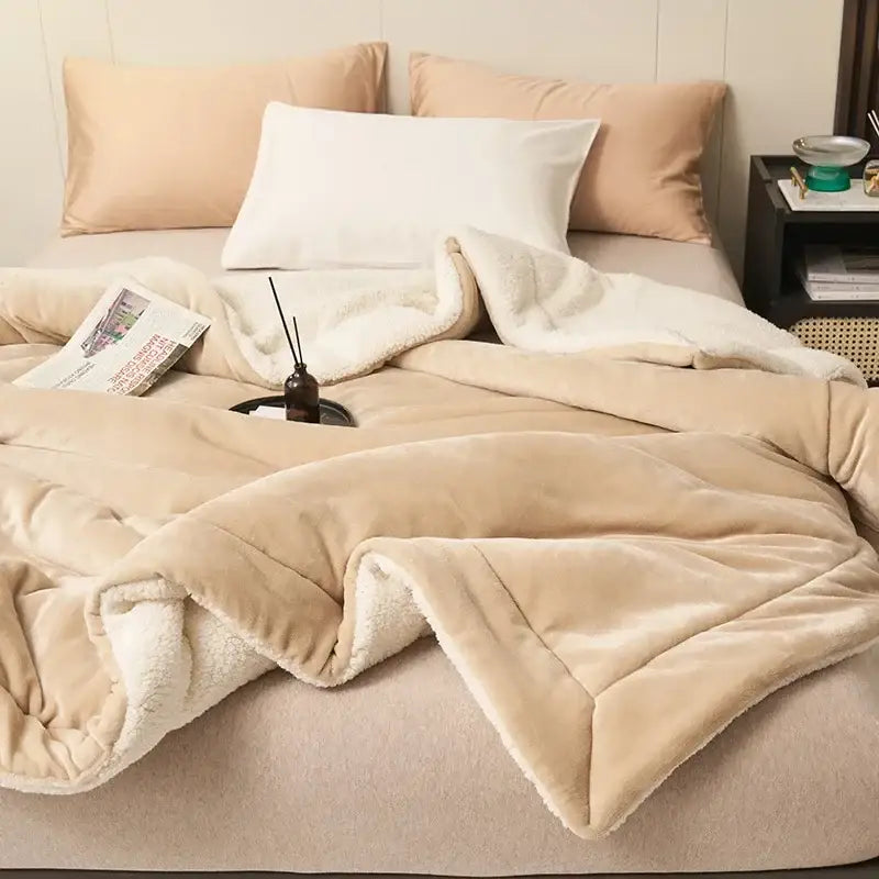 Navy & white double layer queen blanket bedroom plush sherpa comfort