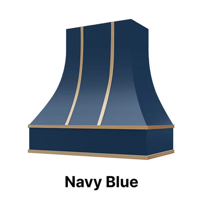 Wood Range Hood With Curved Front and Brass Strapping and Flat Trim - 30" 36" 42" 48" 54" and 60" Widths Available