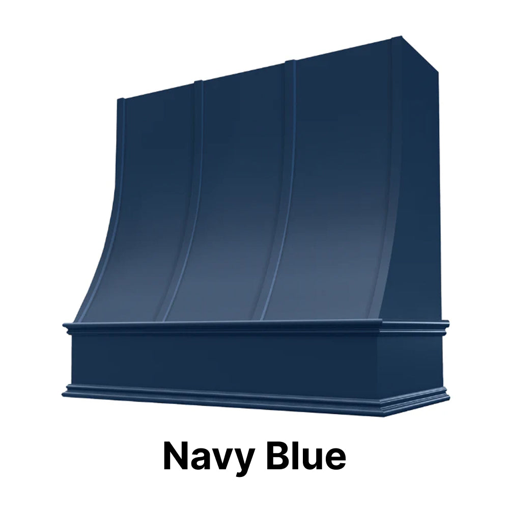 Wood Range Hood With Sloped Strapped Front and Decorative Trim - 30", 36", 42", 48", 54" and 60" Widths Available