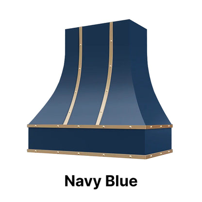 Wood Range Hood With Curved Front, Brass Strapping and Buttons - 30", 36", 42", 48", 54" and 60" Widths Available