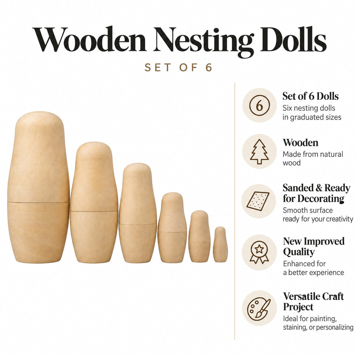 Set of 6 Unfinished Wooden Nesting Dolls DIY Craft Blanks for Painting 6.5 Inches