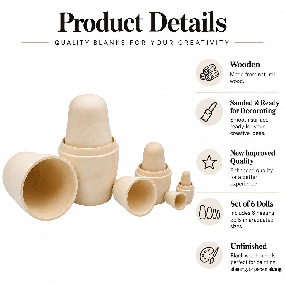 Set of 6 Unfinished Wooden Nesting Dolls DIY Craft Blanks for Painting 5.5 Inches