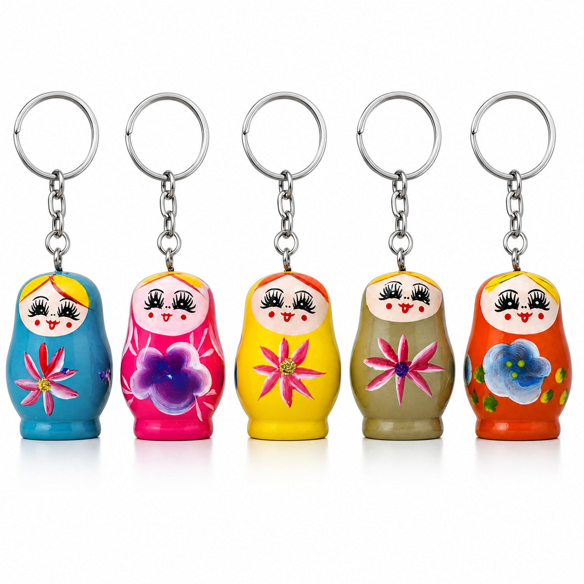 5 Wooden Nesting Dolls Key Chains 1.75 Inches